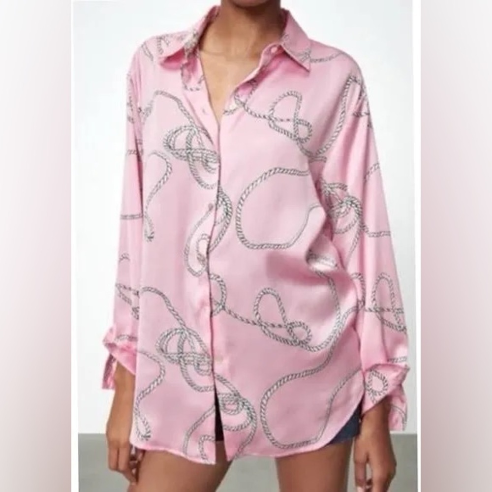 Zara Pink Rope Pattern Satin Shirt - Picture 7 of 11